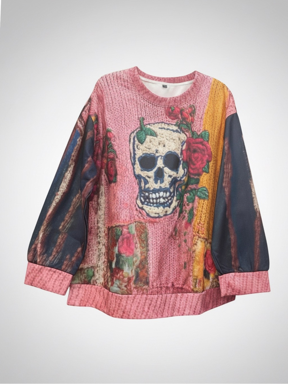 Skull and Roses Sweater look SweatShirt NWOT(runs sm.) 27"p2p. 28" length - Picture 3 of 3